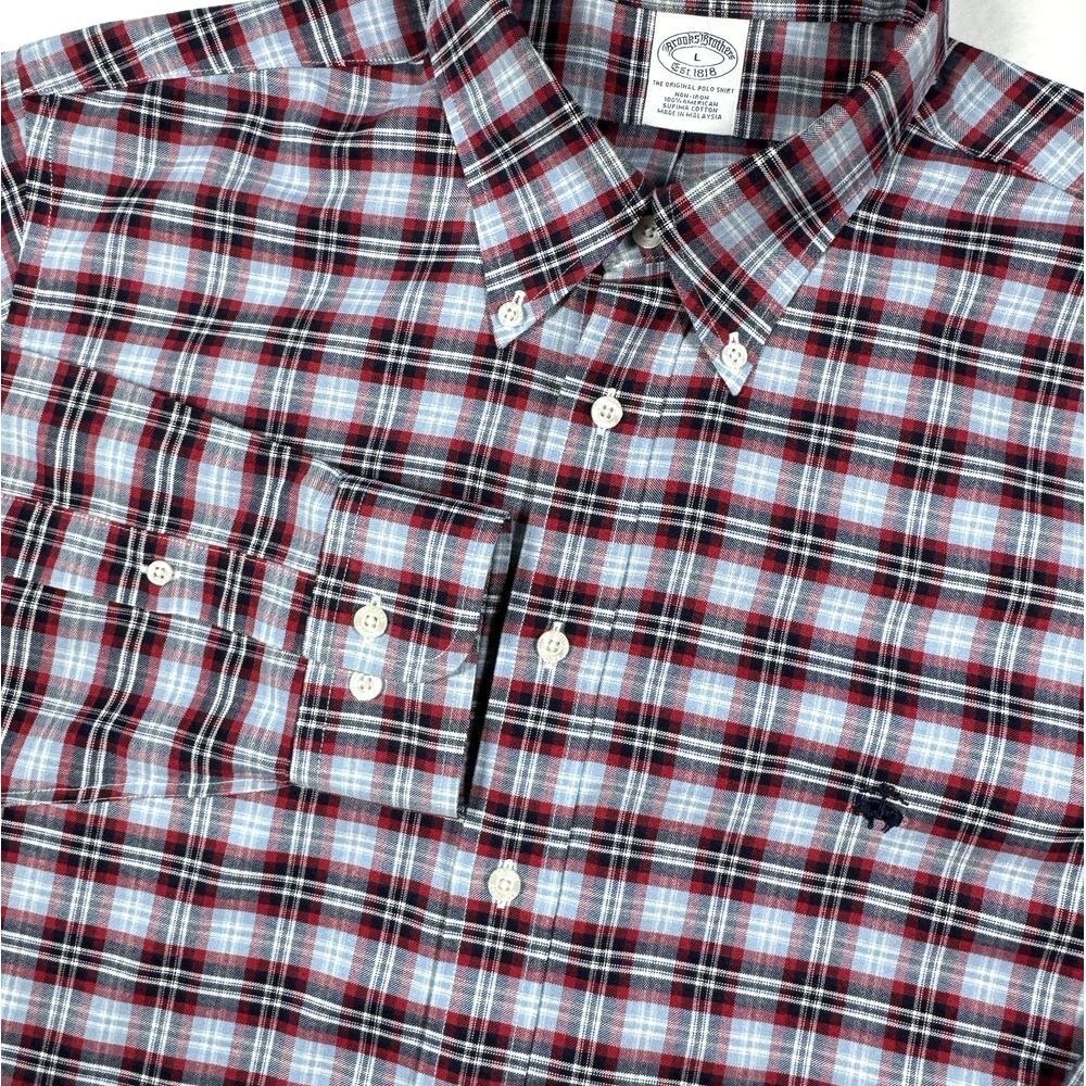 Brooks Brothers Button Down Shirt Men's L Blue Red Plaid Logo Casual Classic